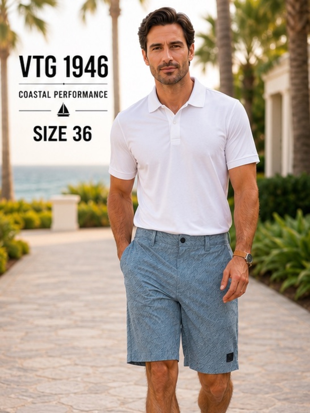 VTG 1946 Men’s Coastal Performance Stretch Shorts Blue Size 36 Resort Golf
